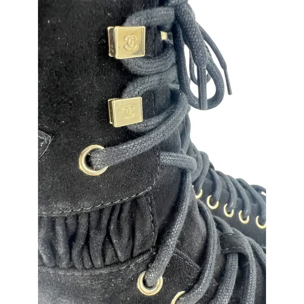 Chanel CC Suede Quilted Lace Up Combat Cap Toe Boots in Black